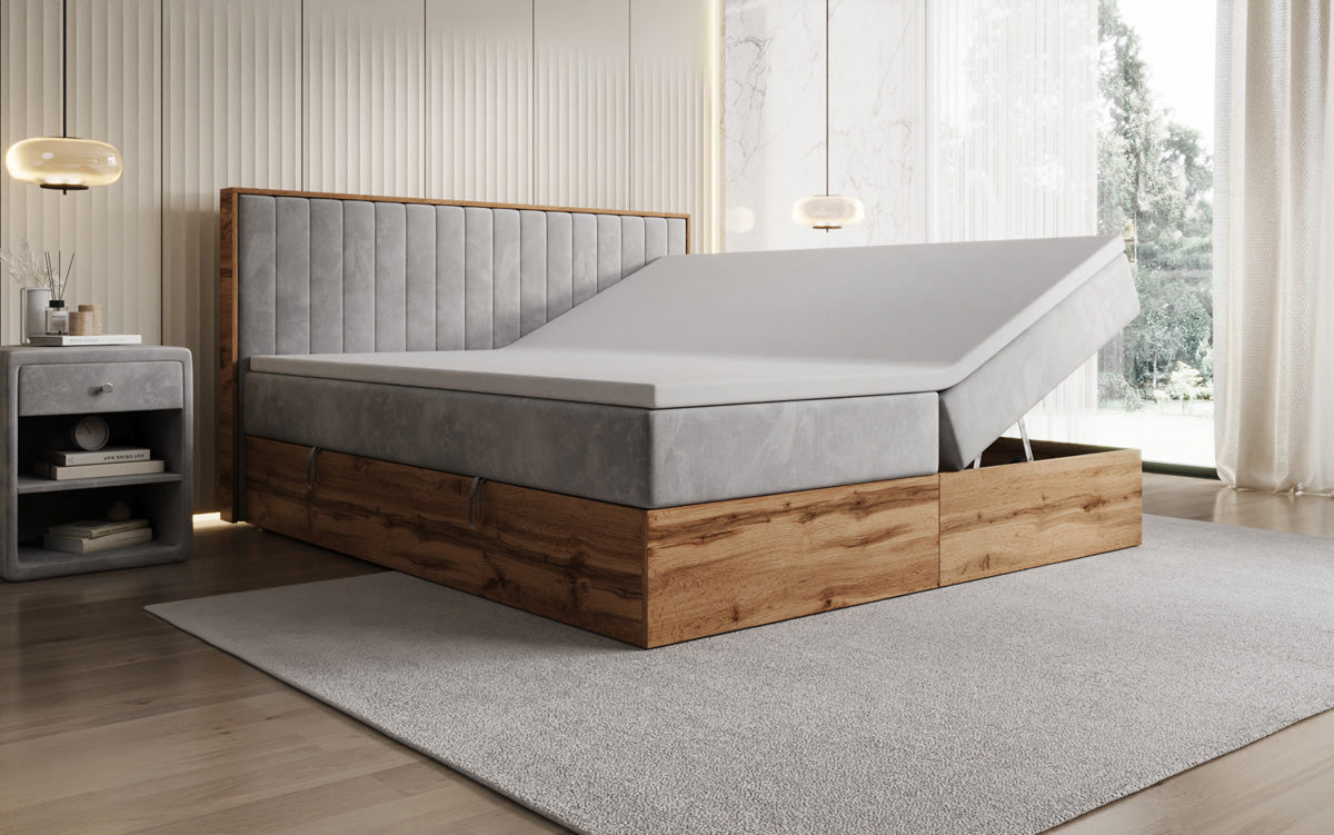 Boxspringbed Timber Line met opbergruimte in Fluweel