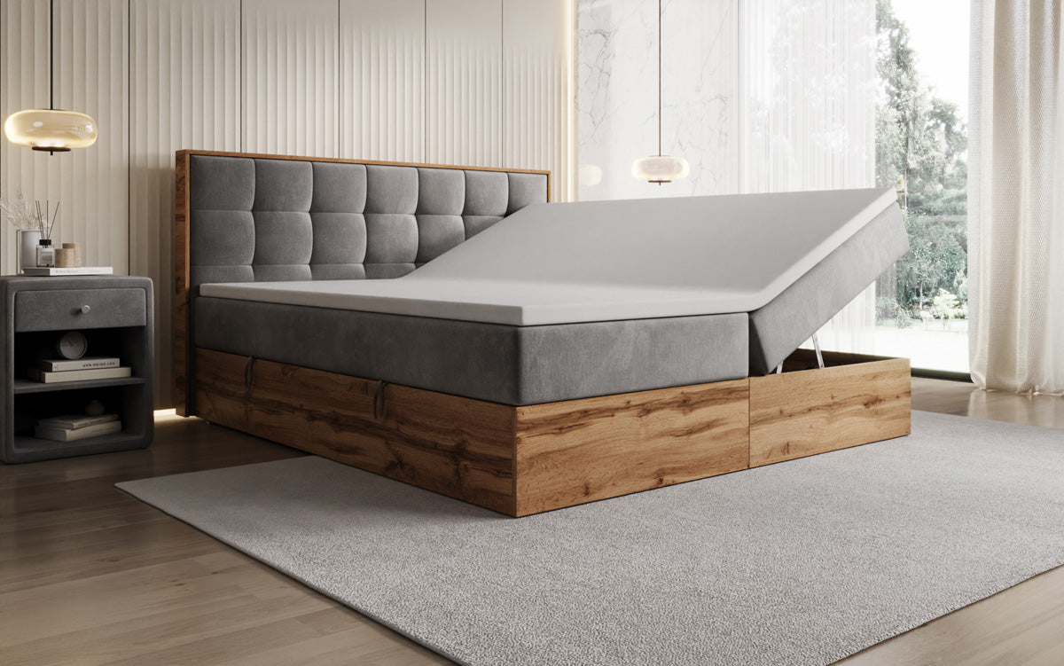 Boxspringbed Timber Quad met opbergruimte in Fluweel