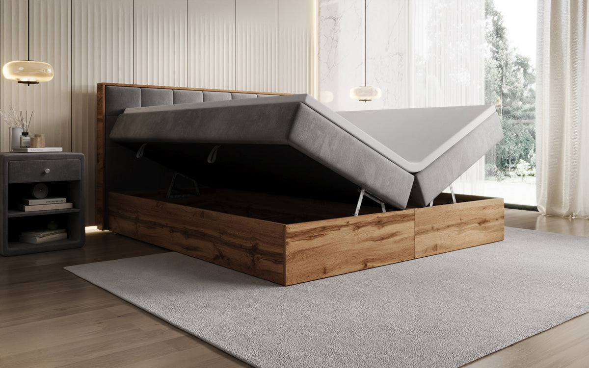 Boxspringbed Timber Quad met opbergruimte in Fluweel