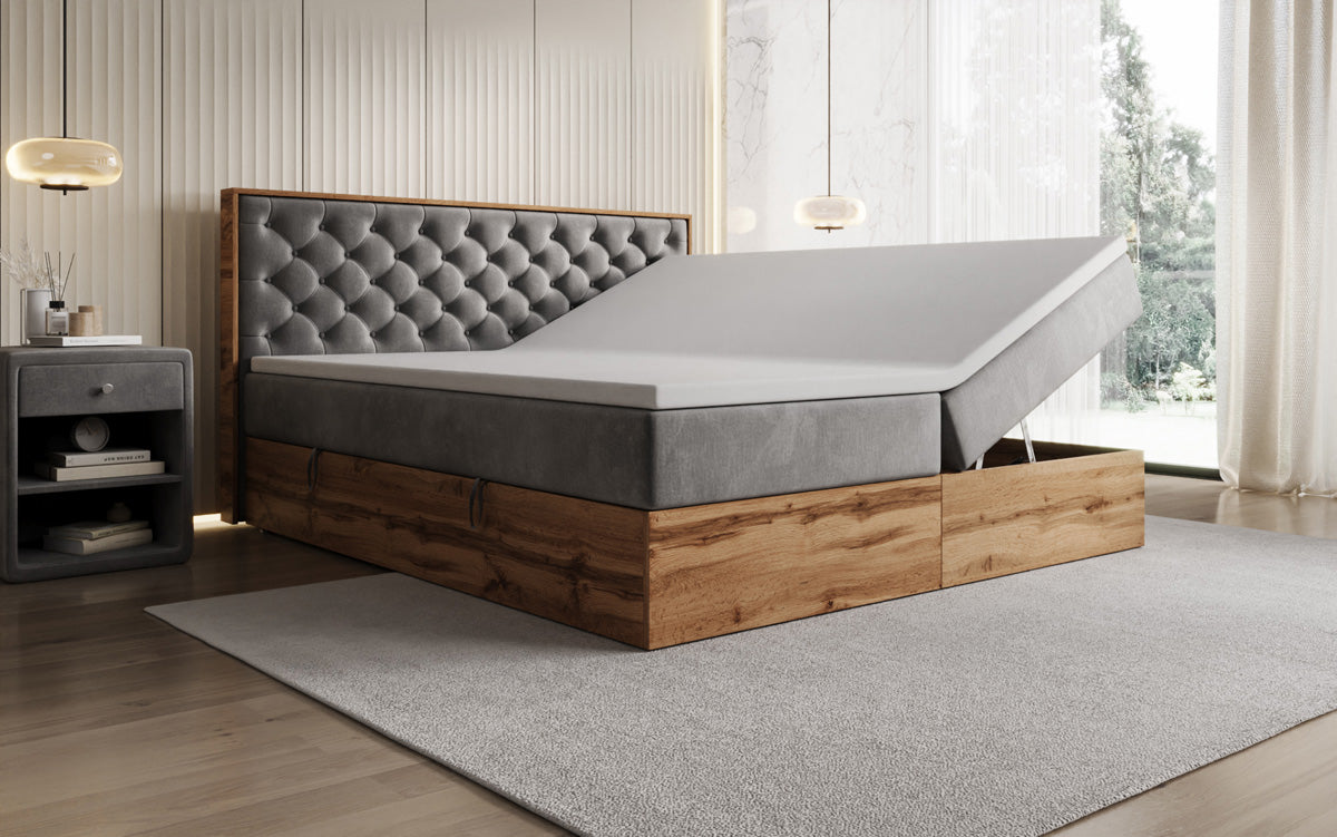 Boxspringbed Timber Chester met opbergruimte in Fluweel