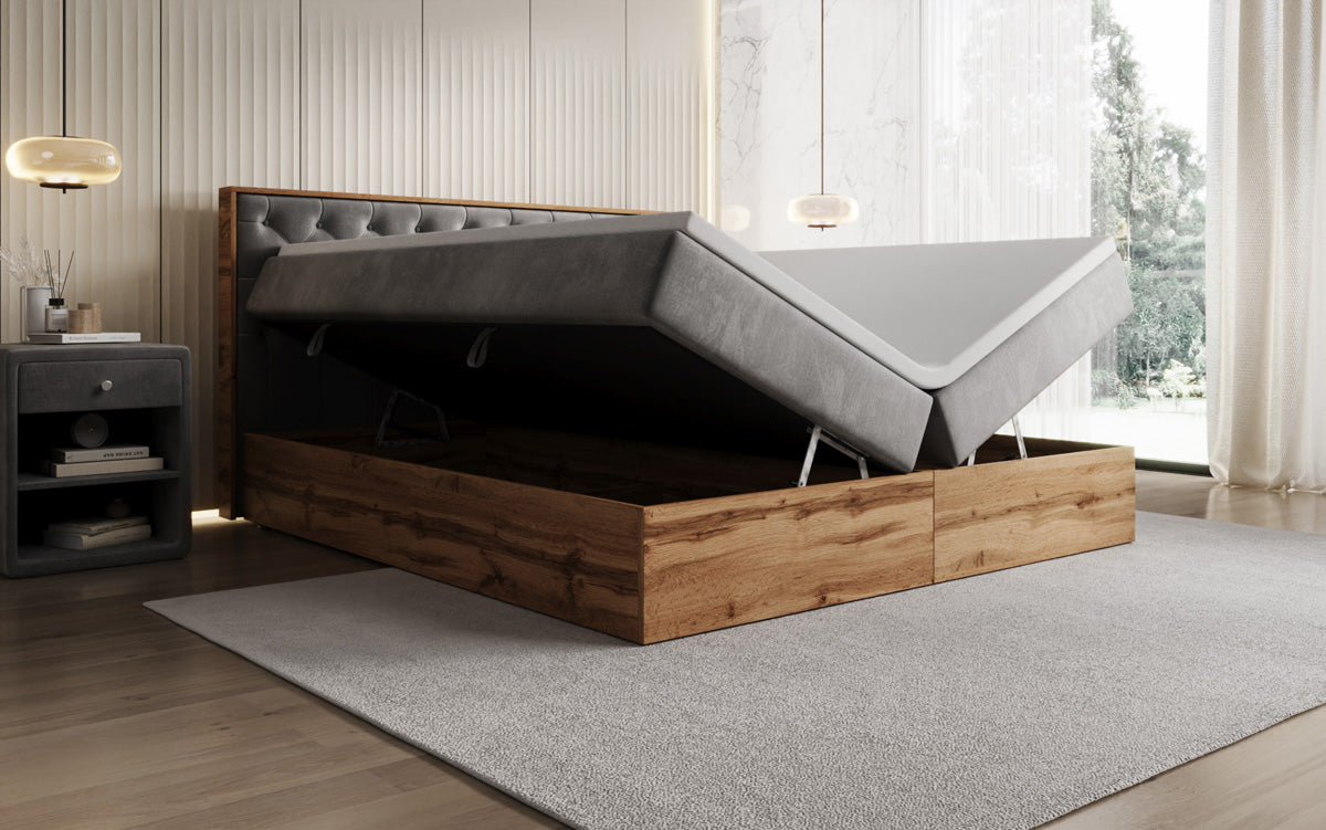 Boxspringbed Timber Chester met opbergruimte in Fluweel