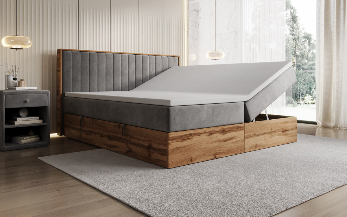 Boxspringbed Timber Line met opbergruimte in Fluweel