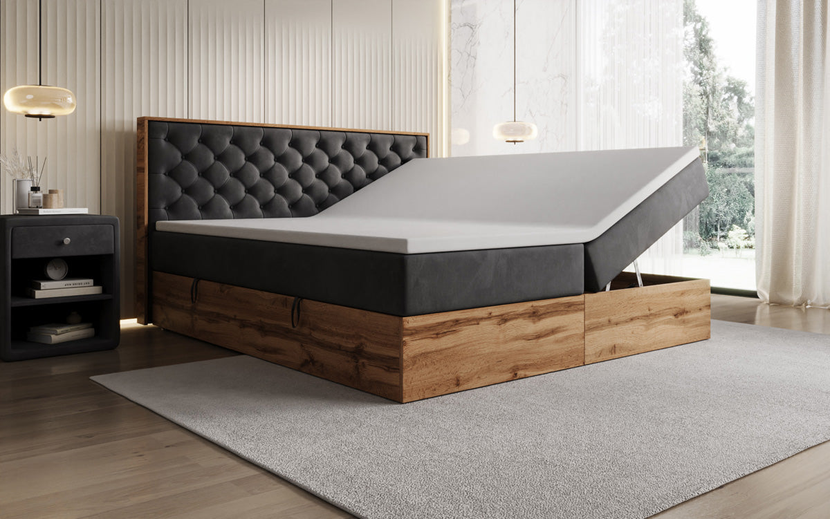 Boxspringbed Timber Chester met opbergruimte in Fluweel