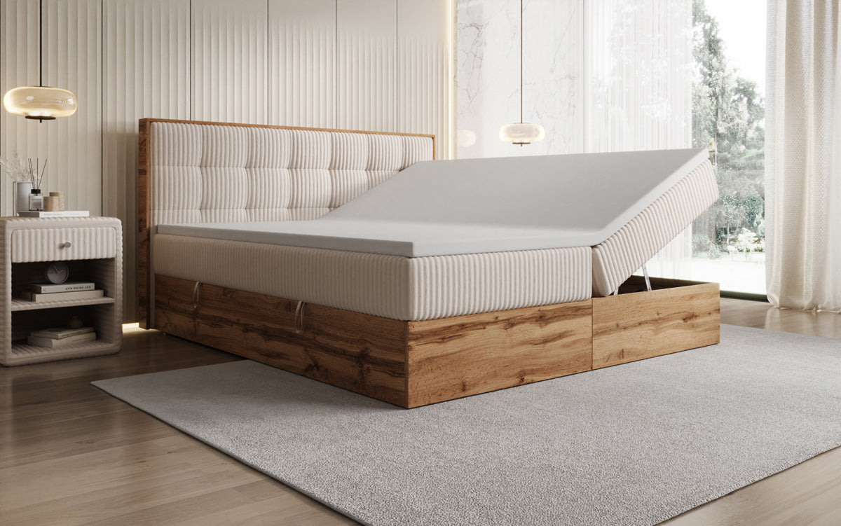 Boxspringbed Timber Quad in Ribstof met opbergruimte