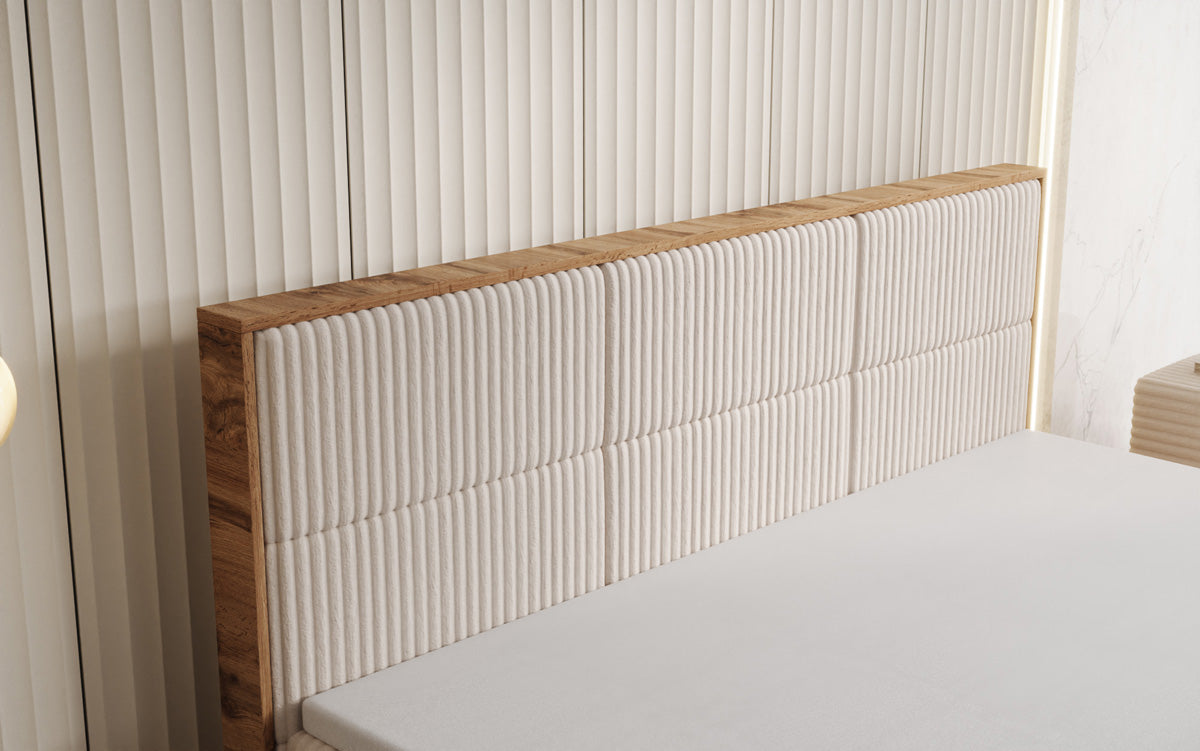 Boxspringbed Timber Panel in Ribstof met opbergruimte