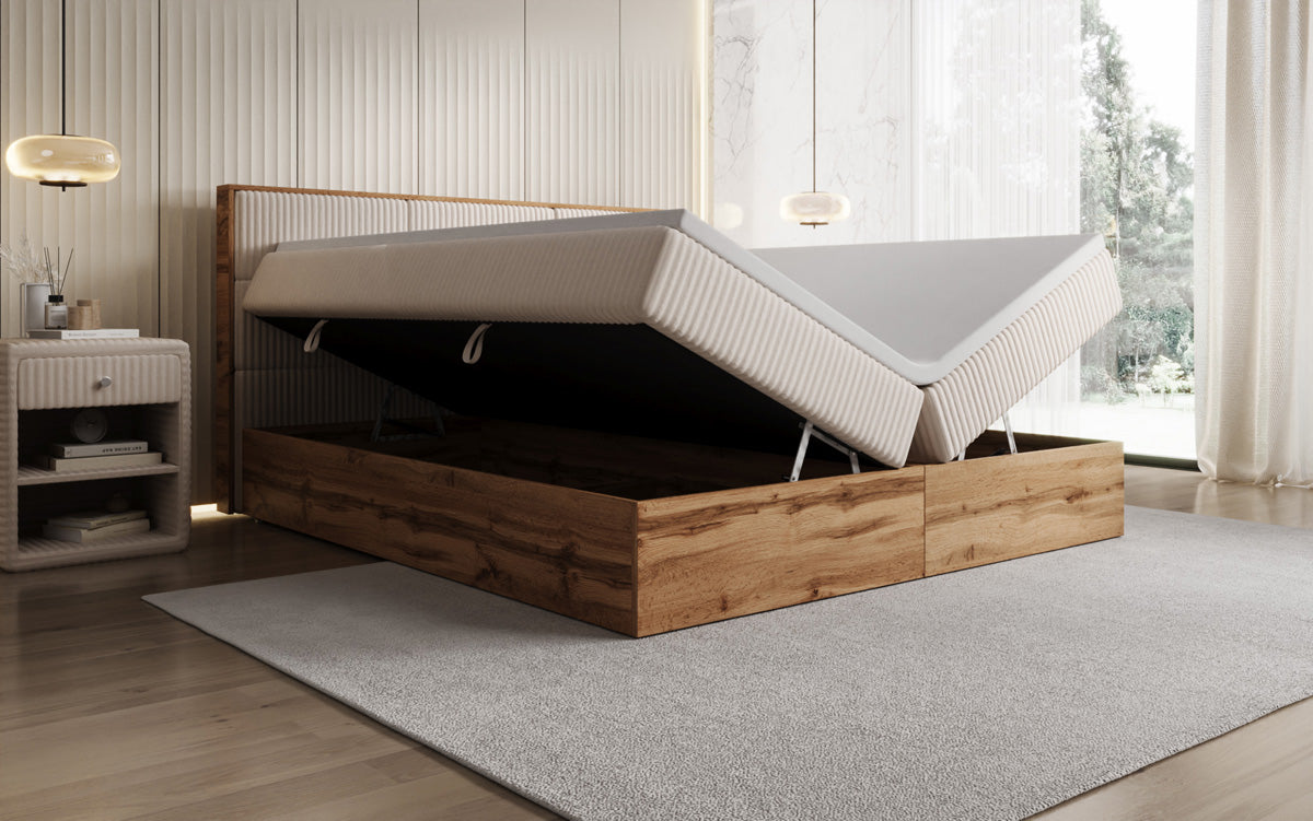 Boxspringbed Timber Panel in Ribstof met opbergruimte
