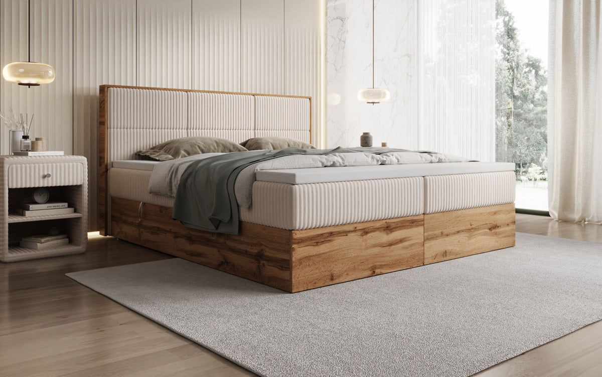 Boxspringbed Timber Panel in Ribstof met opbergruimte