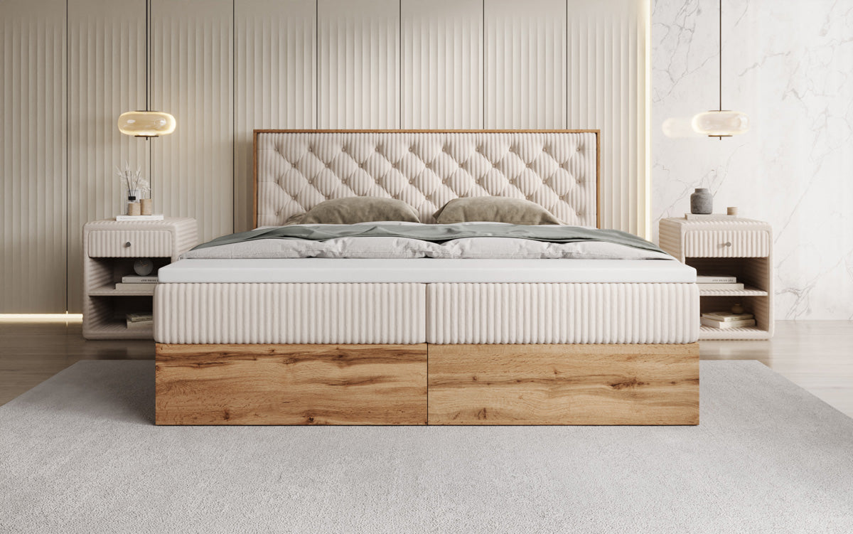 Boxspringbed Timber Chester in Ribstof met opbergruimte