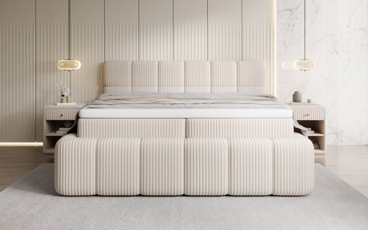 Boxspringbed Bombo in Ribstof met opbergruimte