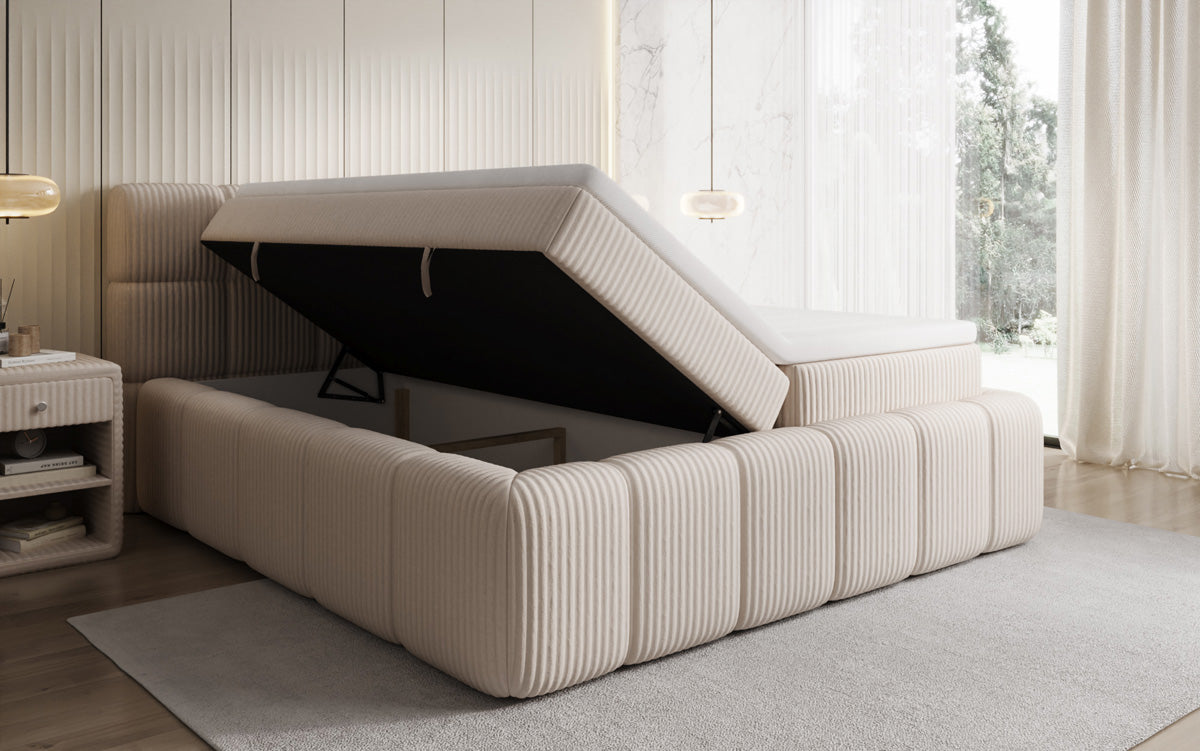 Boxspringbed Bombo in Ribstof met opbergruimte