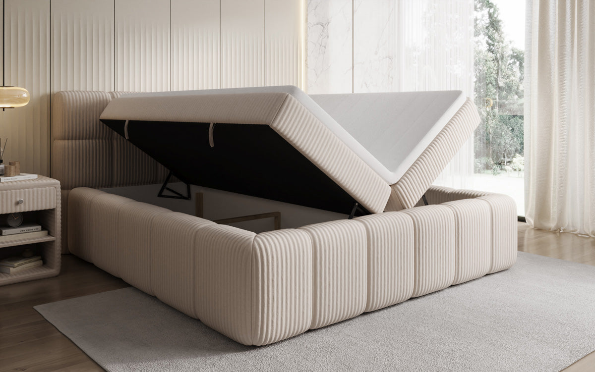 Boxspringbed Bombo in Ribstof met opbergruimte