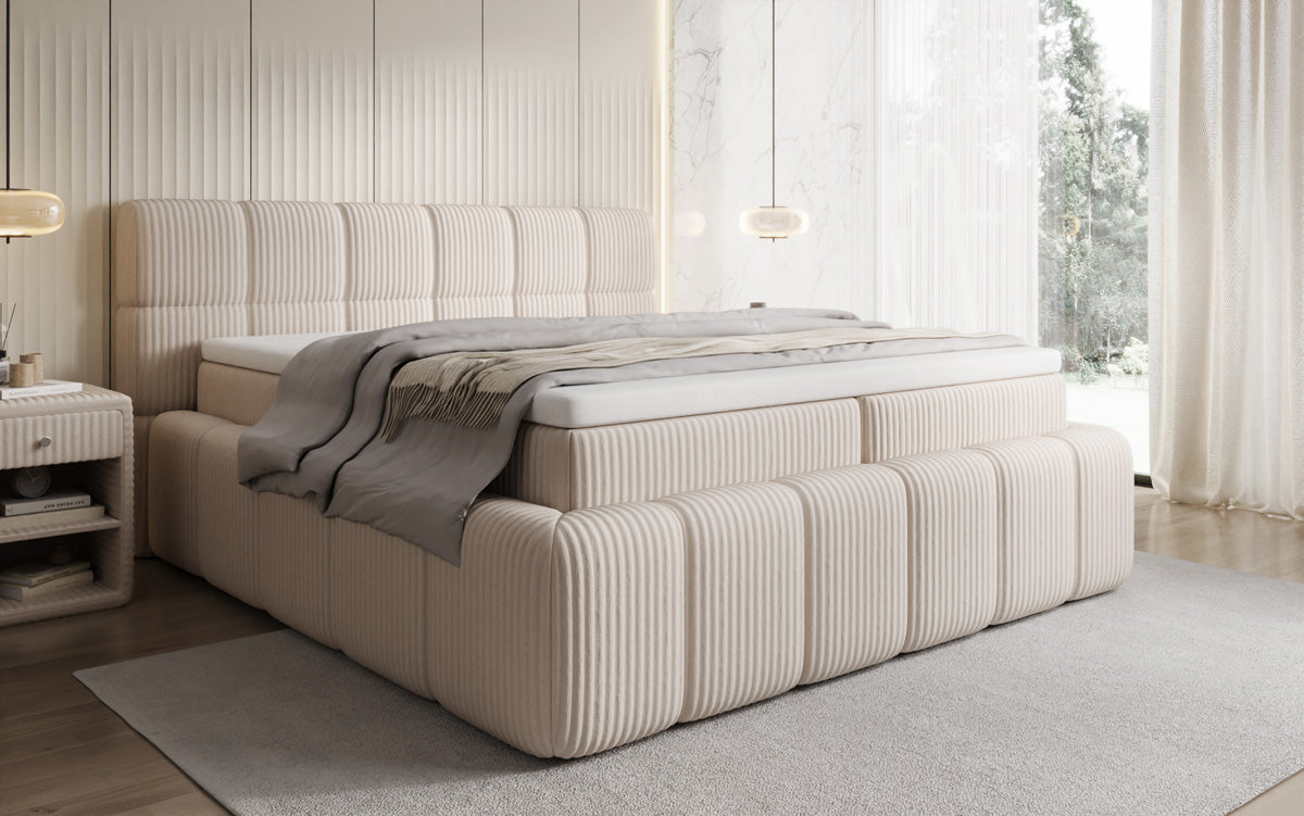 Boxspringbed Bombo in Ribstof met opbergruimte