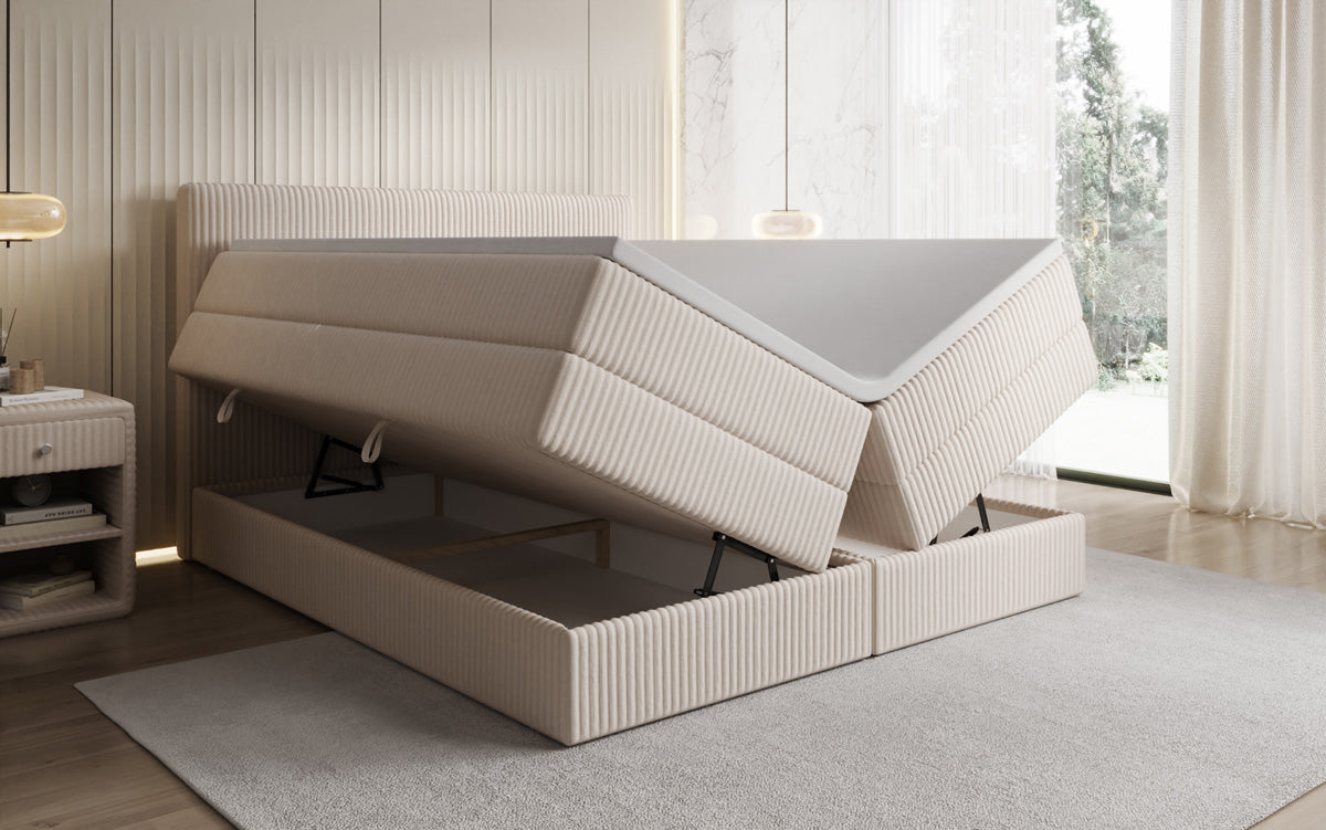 Boxspringbed Kubo King in Ribstof met opbergruimte