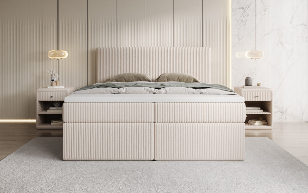 Boxspringbed Kubo in Ribstof met opbergruimte