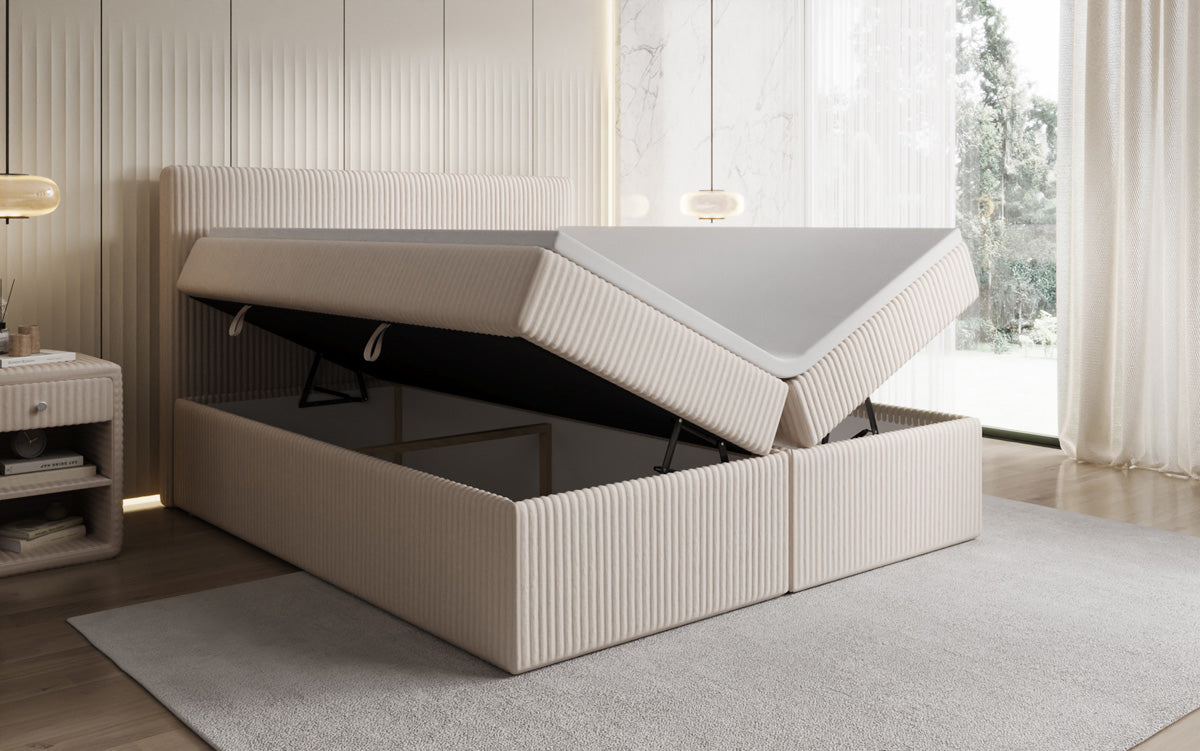 Boxspringbed Kubo in Ribstof met opbergruimte