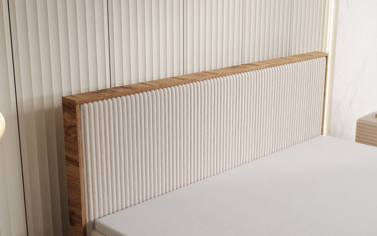 Boxspringbed Timber in Ribstof met opbergruimte