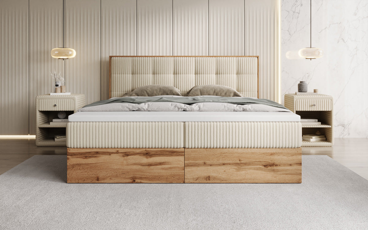 Boxspringbed Timber Quad in Ribstof met opbergruimte