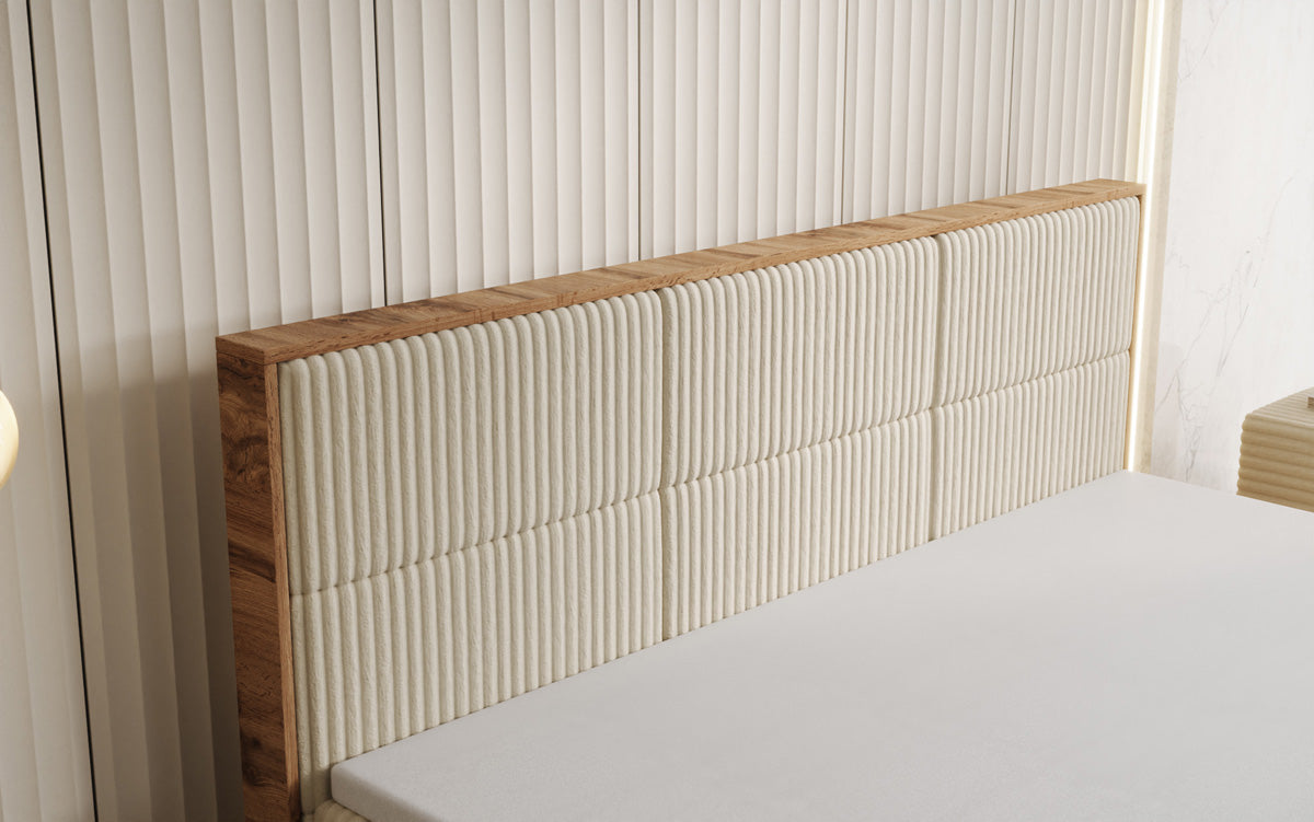 Boxspringbed Timber Panel in Ribstof met opbergruimte