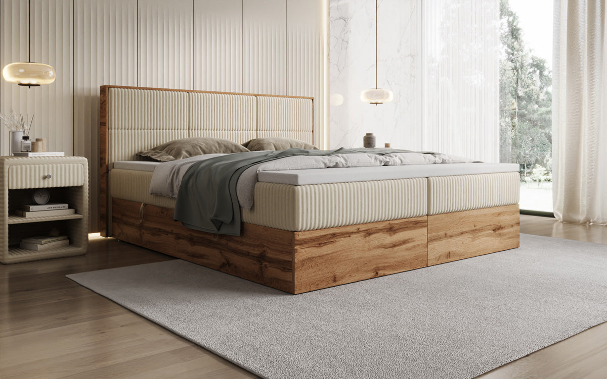 Boxspringbed Timber Panel in Ribstof met opbergruimte