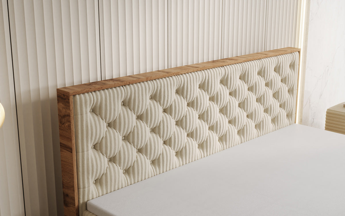 Boxspringbed Timber Chester in Ribstof met opbergruimte