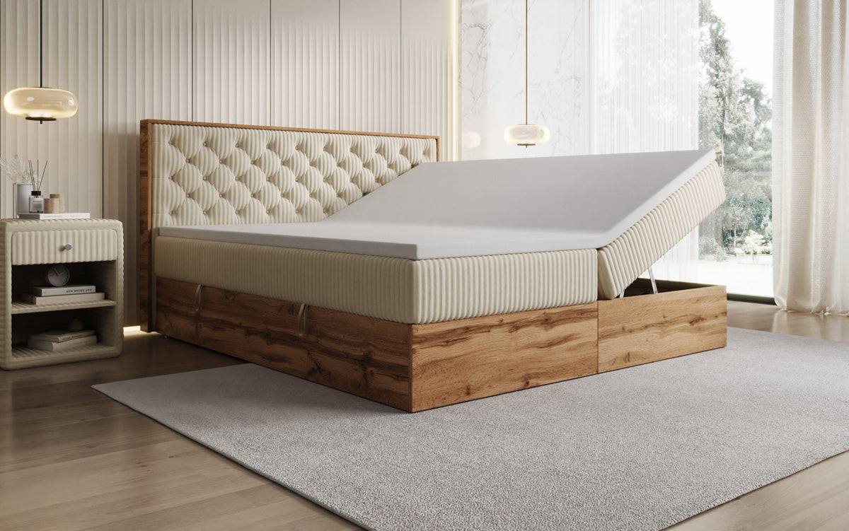 Boxspringbed Timber Chester in Ribstof met opbergruimte
