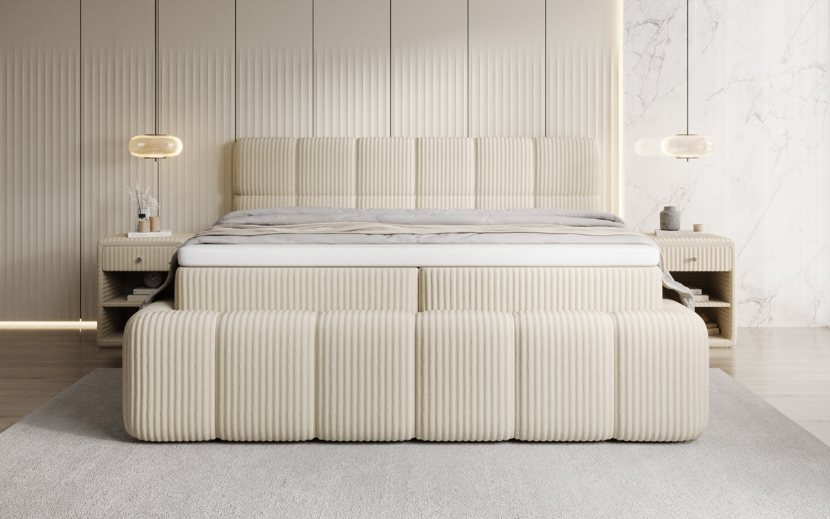 Boxspringbed Bombo in Ribstof met opbergruimte