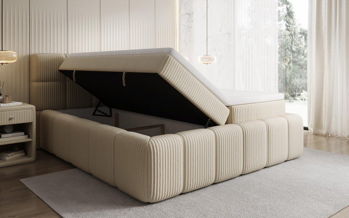 Boxspringbed Bombo in Ribstof met opbergruimte