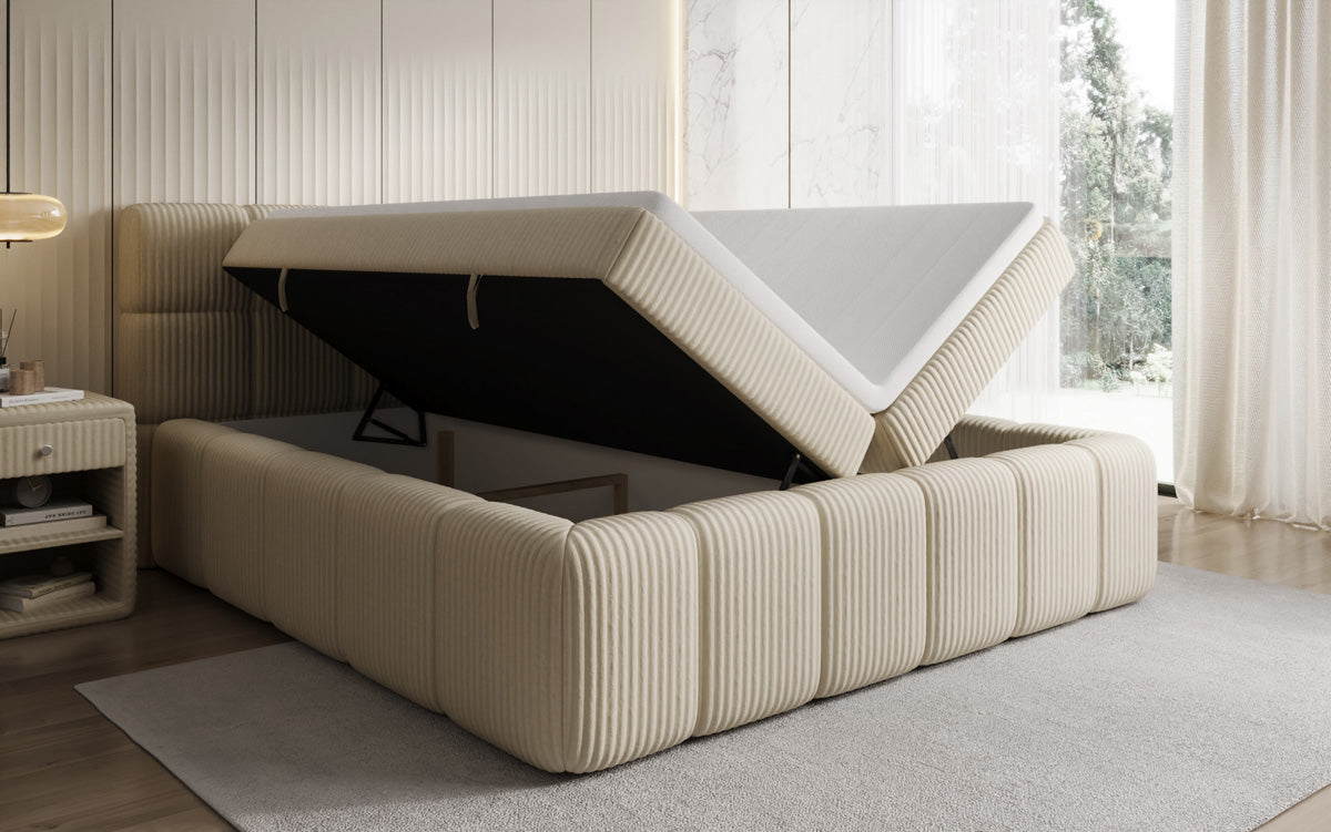Boxspringbed Bombo in Ribstof met opbergruimte