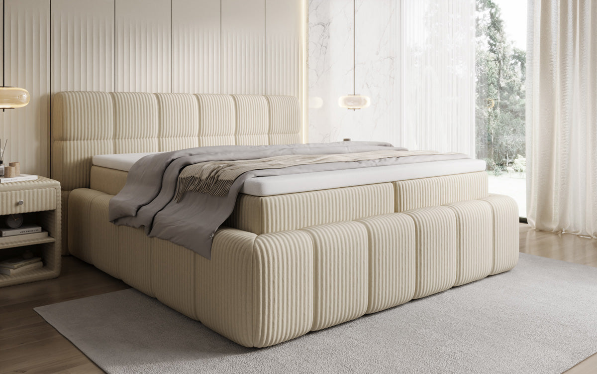 Boxspringbed Bombo in Ribstof met opbergruimte