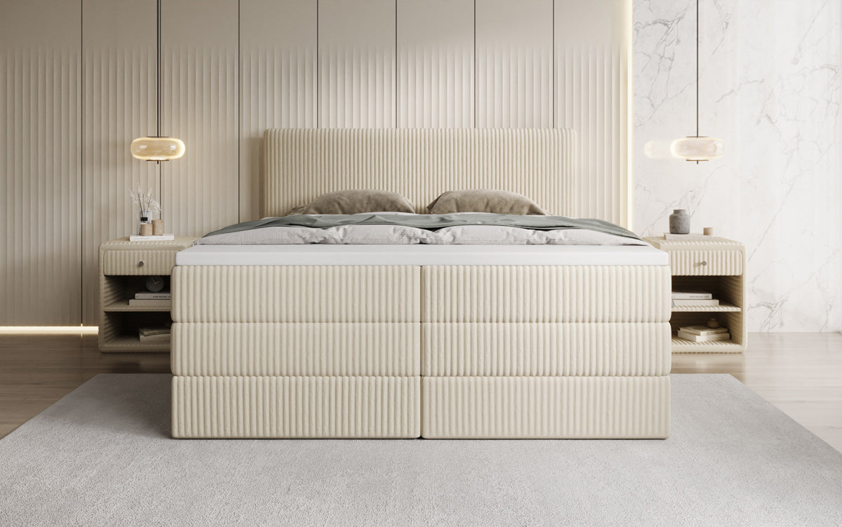 Boxspringbed Kubo King in Ribstof met opbergruimte