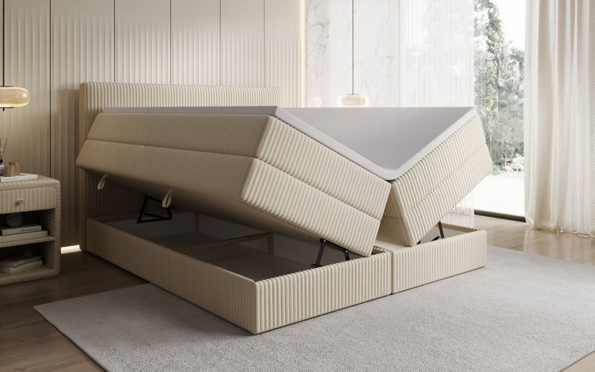 Boxspringbed Kubo King in Ribstof met opbergruimte