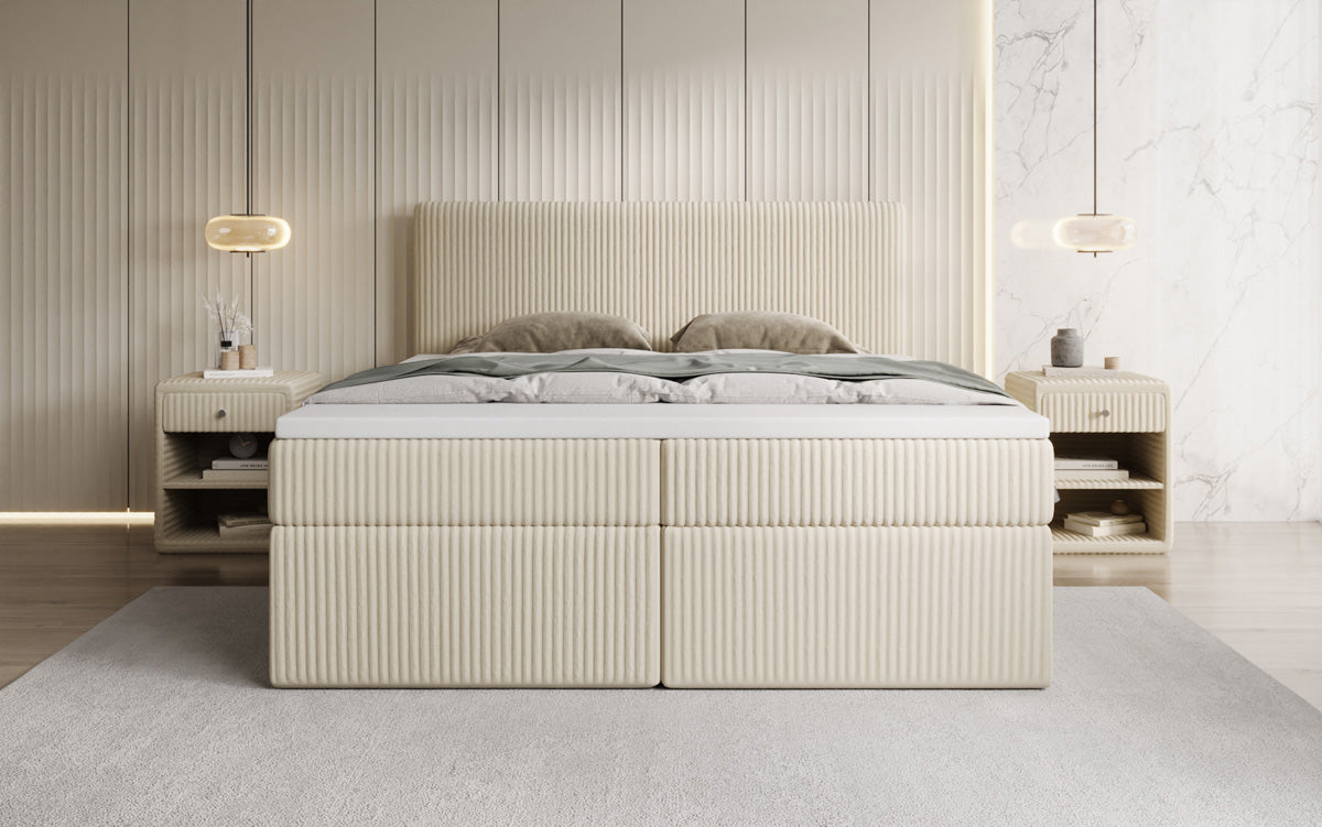 Boxspringbed Kubo in Ribstof met opbergruimte