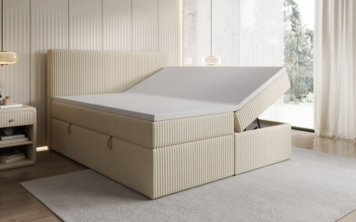 Boxspringbed Kubo in Ribstof met opbergruimte