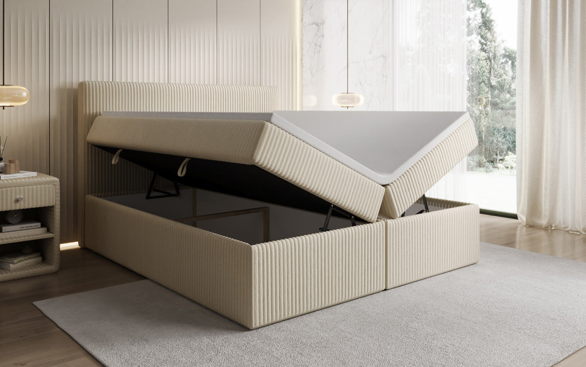 Boxspringbed Kubo in Ribstof met opbergruimte