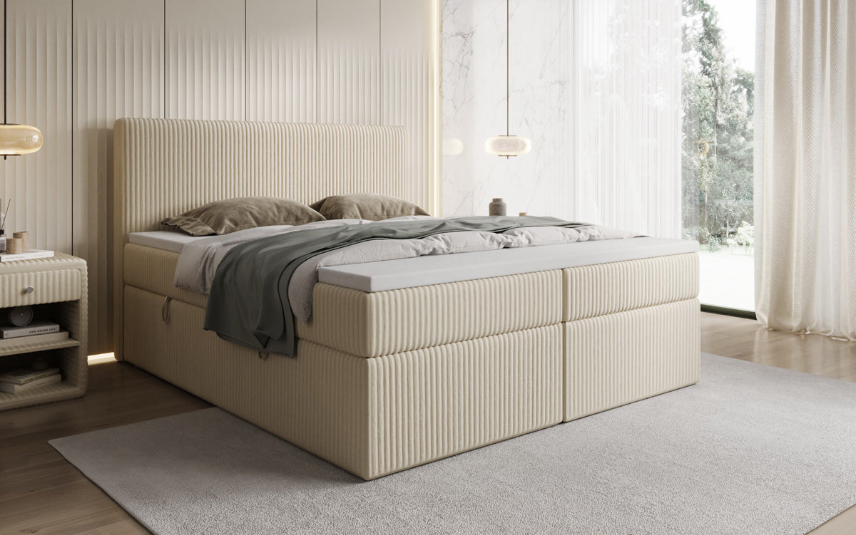 Boxspringbed Kubo in Ribstof met opbergruimte