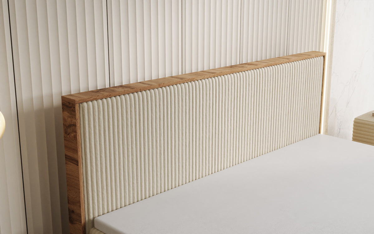 Boxspringbed Timber in Ribstof met opbergruimte