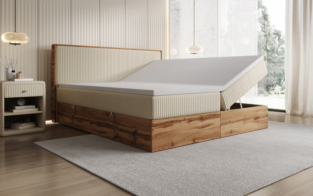 Boxspringbed Timber in Ribstof met opbergruimte