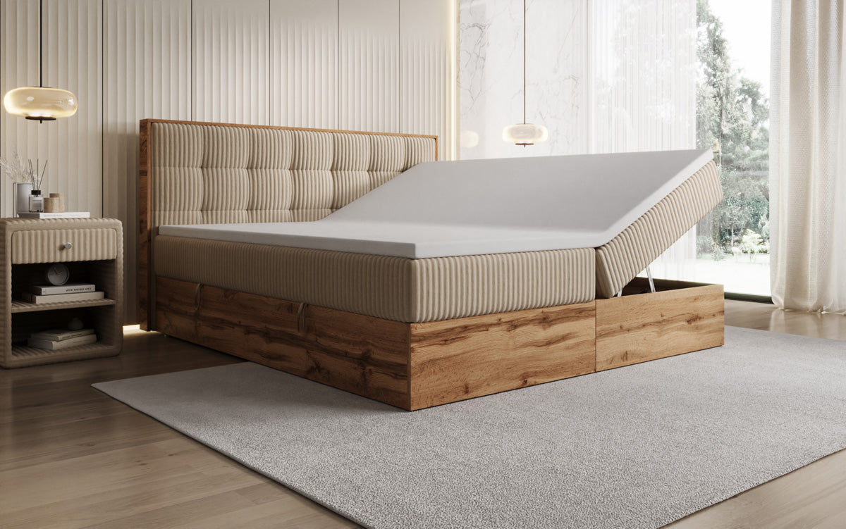 Boxspringbed Timber Quad in Ribstof met opbergruimte