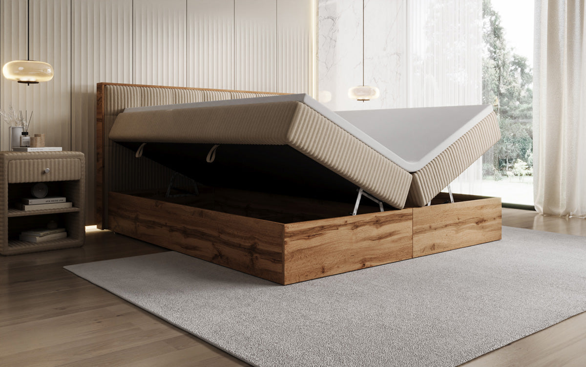 Boxspringbed Timber Quad in Ribstof met opbergruimte