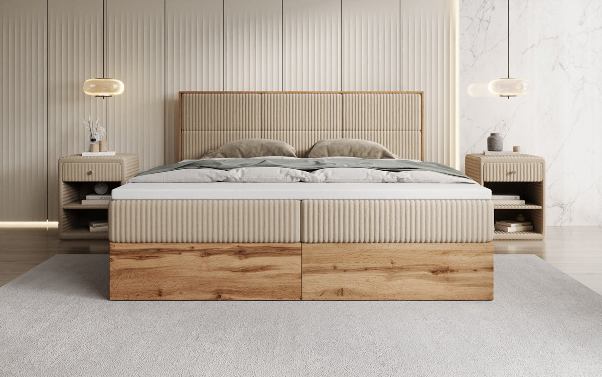 Boxspringbed Timber Panel in Ribstof met opbergruimte