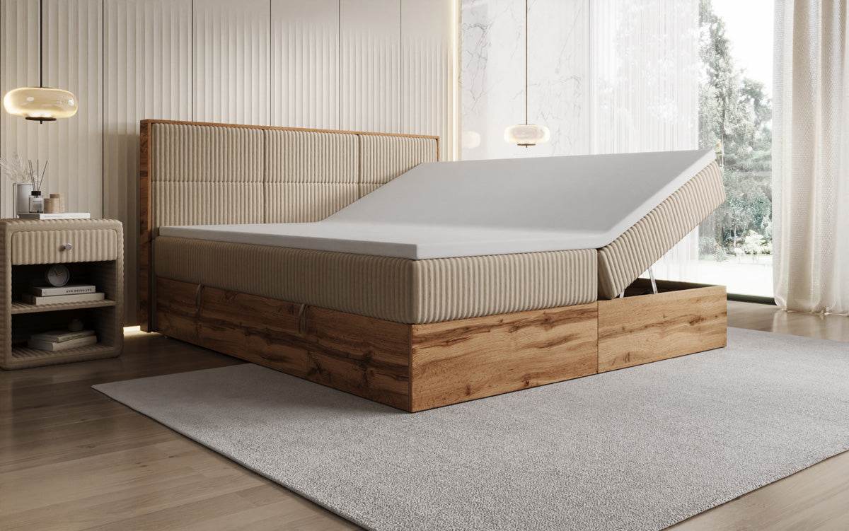Boxspringbed Timber Panel in Ribstof met opbergruimte