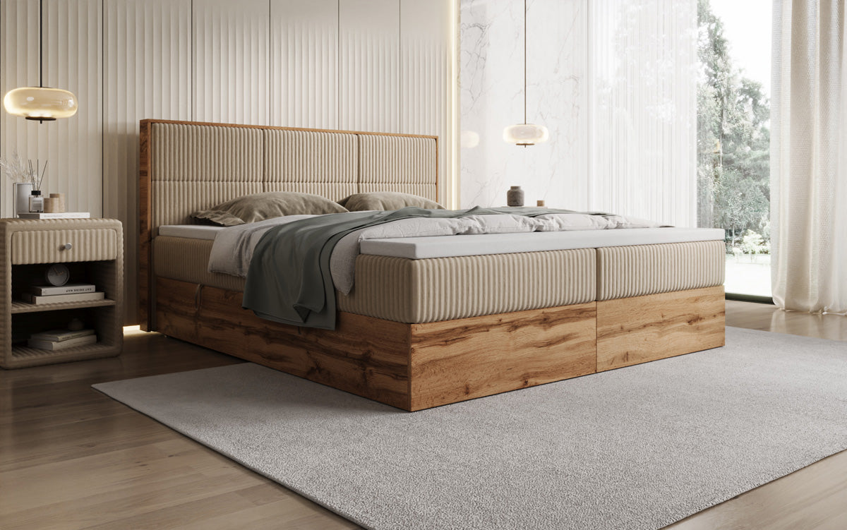 Boxspringbed Timber Panel in Ribstof met opbergruimte
