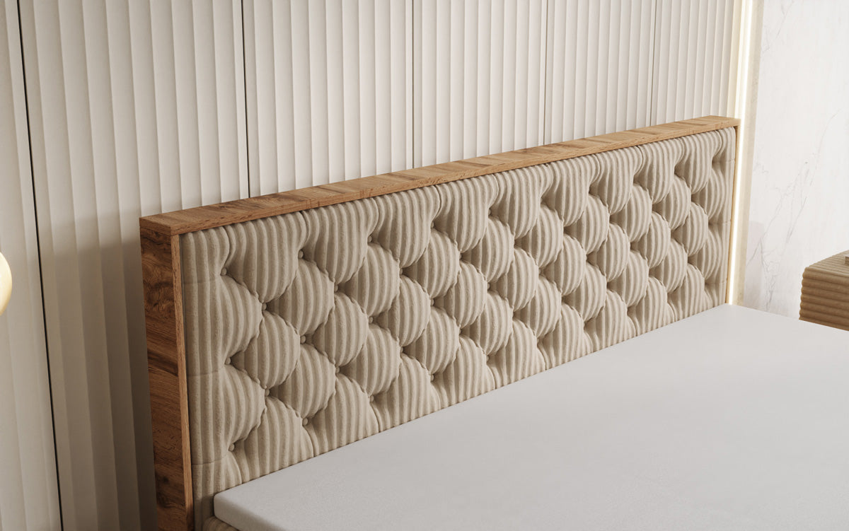 Boxspringbed Timber Chester in Ribstof met opbergruimte