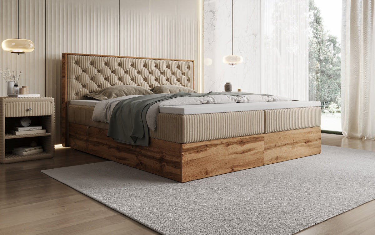 Boxspringbed Timber Chester in Ribstof met opbergruimte