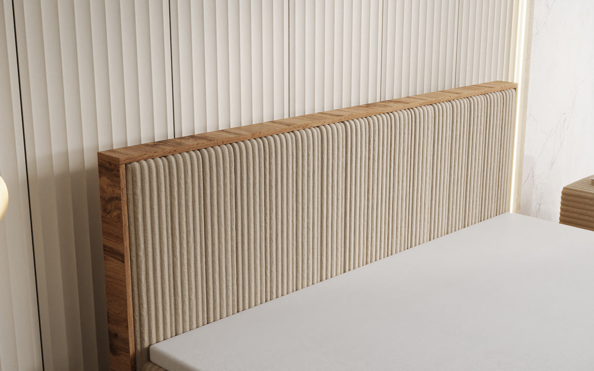 Boxspringbed Timber Line in Ribstof met opbergruimte