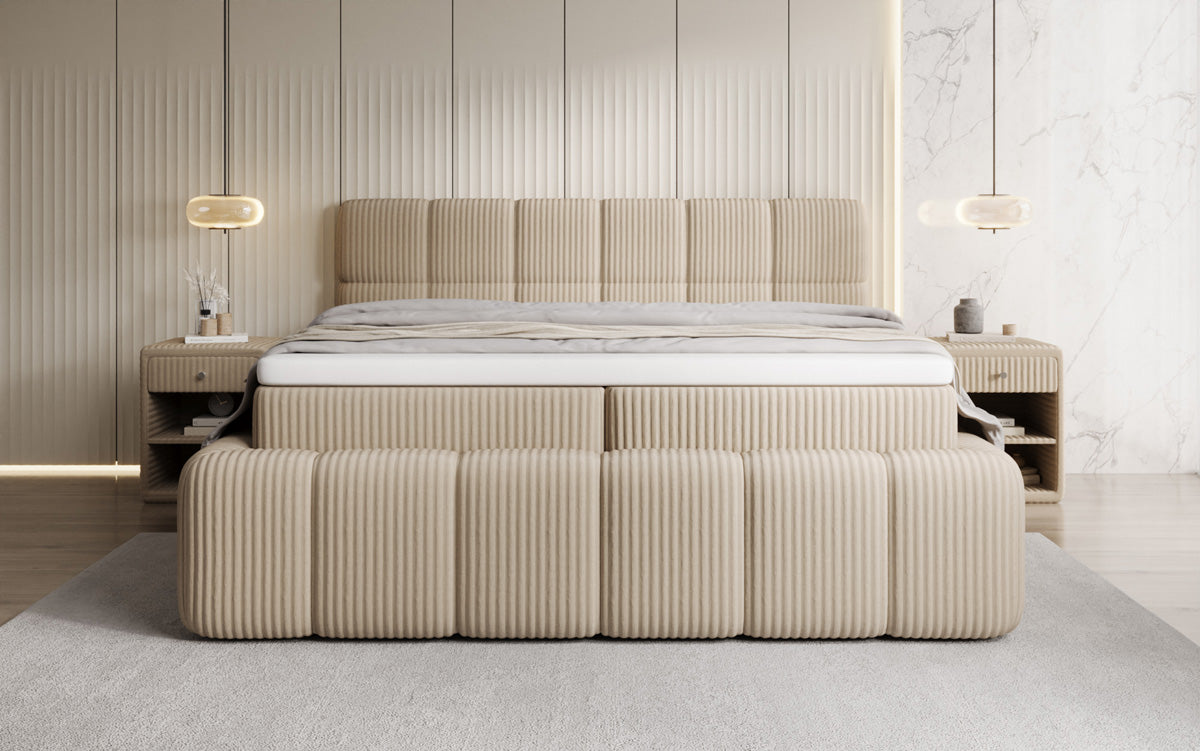 Boxspringbed Bombo in Ribstof met opbergruimte