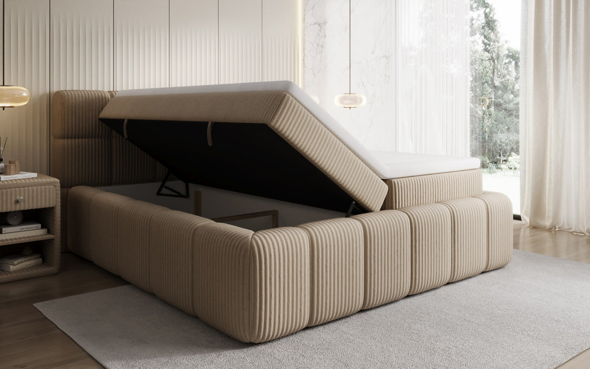 Boxspringbed Bombo in Ribstof met opbergruimte
