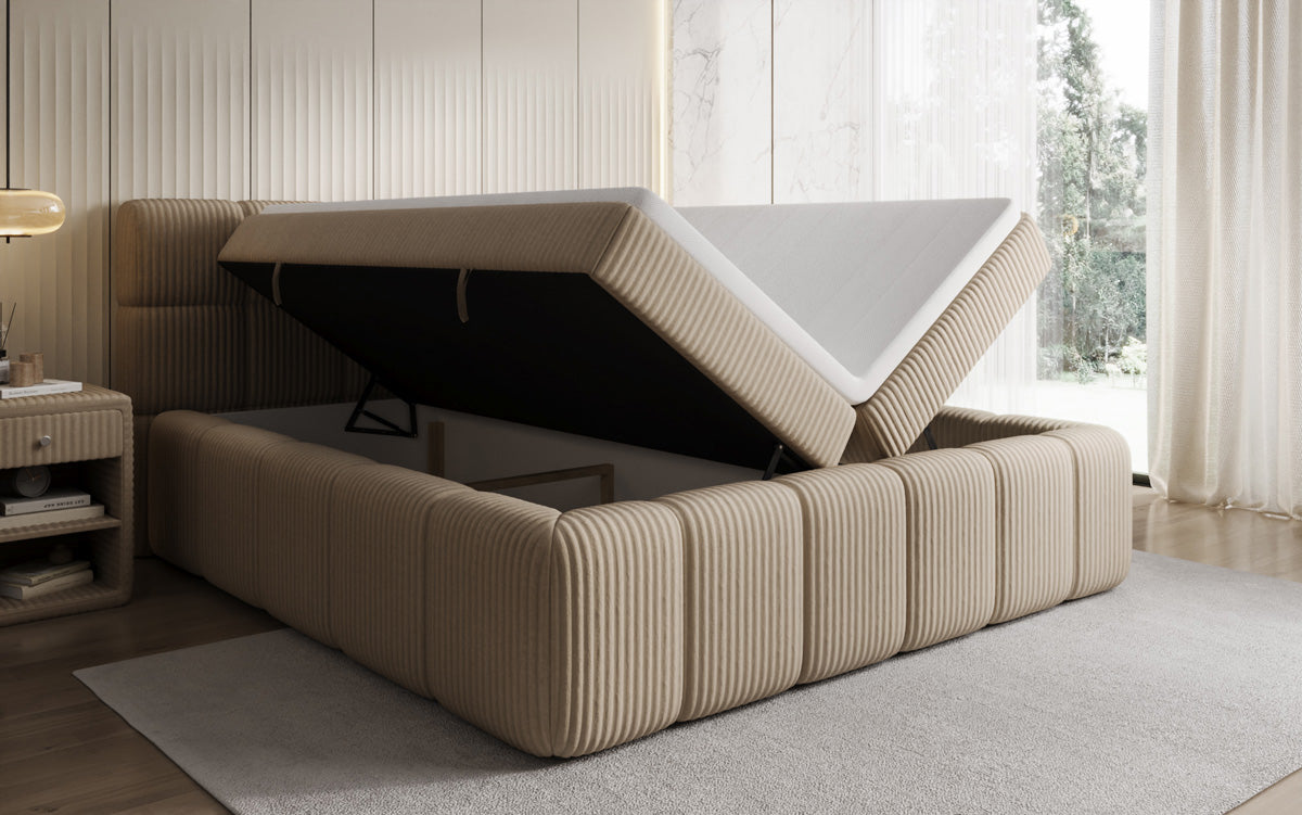 Boxspringbed Bombo in Ribstof met opbergruimte