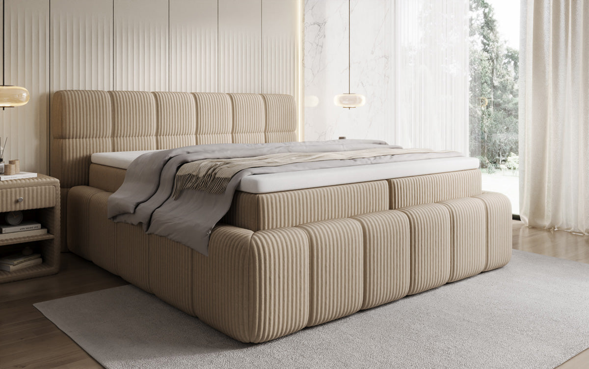 Boxspringbed Bombo in Ribstof met opbergruimte