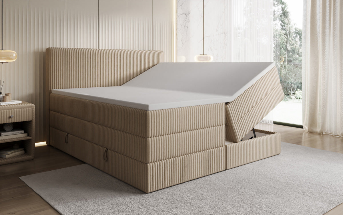 Boxspringbed Kubo King in Ribstof met opbergruimte